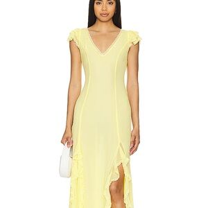 Tularosa Yellow Asymmetrical Sheath Dress with Flutter Sleeves /
